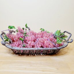 Hand Blown Pink Glass Grapes In Metal And Wicker Bowl
