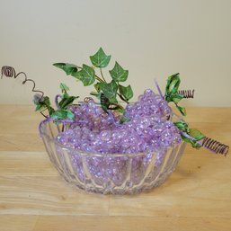 Hand Blown Lavender Glass Grapes In Crystal Bowl