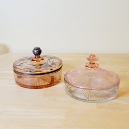 Set Of 2 Vintage Glass Candy Or Nut Dishes With Lids- One Top Has Sterling Silver