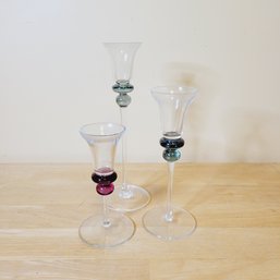Set Of 3 Glass Candlestick Holders