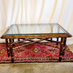 Hollywood Regency Faux Bamboo Coffee Table With Glass Top Brass Tone Accent