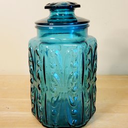 Vintage Blue Glass Lidded Jar Scroll Pattern