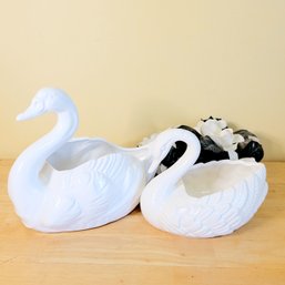 Set Of 2 Ceramic Swan Bowl Centerpieces