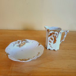 Vintage White Ceramic Creamer Pitcher And Plate With Gold Accent