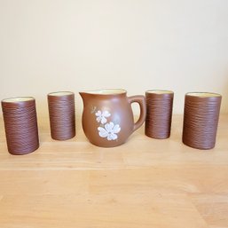 Pigeon Forge Pottery Dogwood Pitcher And 4 Tall Cups