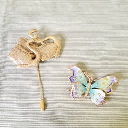 Vintage Pastelli Butterfly Pin And Swan Pin