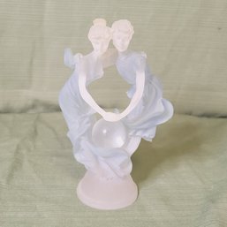 Frosted Blue Lucite Figurine Of Boy And Girl Looking Into The Future Signed