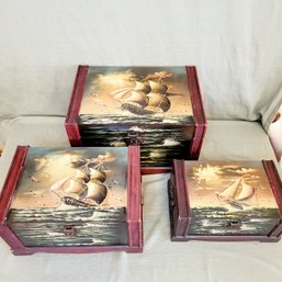 Set Of 3 Nesting Boxes Ocean And Ships