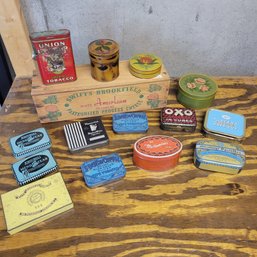 Vintage Small Tins And Wooden Crate From Different Countries (Zone 2 Basement)