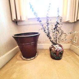 Heavy Clay Planter And Glass Vase With Dried Flowers