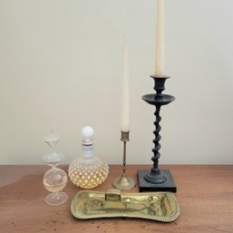Vintage Candlestick Holders, Glass Bottles And Wick Cutter (Upstairs Den)