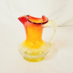 Vintage Yellow Red Orange Crackle Hand Blown Art Glass Pitcher With Handle