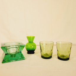 Green Glass Thumbprint Glasses, Vase And Candle Holder