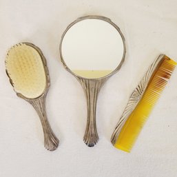 Vintage Silver Plate Brush, Comb And Mirror Set