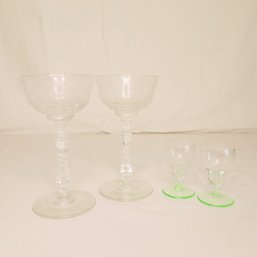 Vintage Drink Glasses Twisted Stems And Miniature Sherry Glass With Green Stem