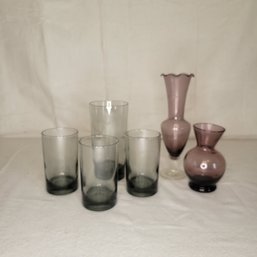 Purple Glass Vases And Vintage Tinted Glasses