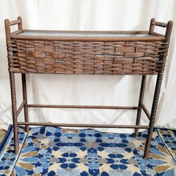 Antique Wicker Plant Stand With Original Tin Liner And Removable Insert
