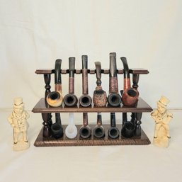 Vintage Pipe Collection In Beautiful Wooden Stand *one Meerschaum! Plus 2 Ceramic Coventry Ware Figurines