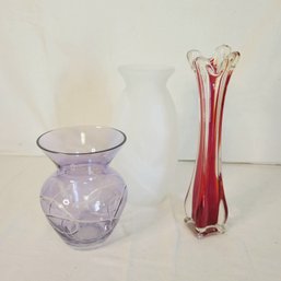 White Swirl Vase, Purple Swirl Vase And Red- Orange Hand Blown Vase