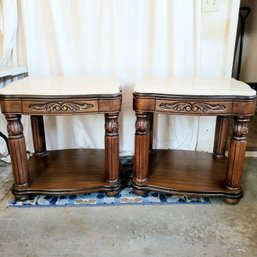 Set Of 2 Vintage Wooden Marble Top Side Tables With Drawers