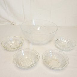 Etched Glass Serving Bowl And Smaller Bowls