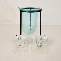 Blue Glass And Metal Stand Candle Holder And Clear Candlestick Holders