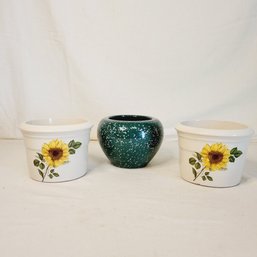 Sunflower Stoneware Crocks And Green Speckled Vase