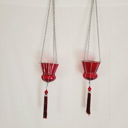Hanging Red Glass With Tassel Votive Holders