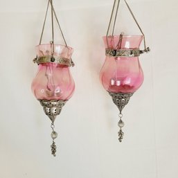 Hanging Pink Glass And Metal Candle Holders