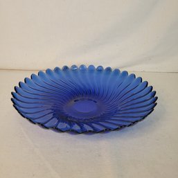Blue Glass Platter With Scalloped Edges