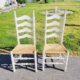 Set Of 2 Shabby Chic Wicker Seat Ladder Back Chairs