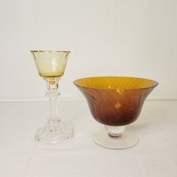 Amber Glass Bowl And Yellow Pedestal Dish
