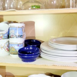 Kitchen Shelf Lot Of Plates, Mugs And Blue Side Dishes (kitchen)