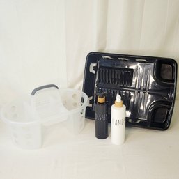 Storage Tote, Dish Rack And Soap Dispensers