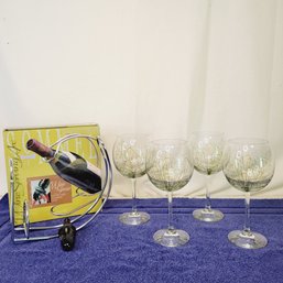Delicate Hand Painted Wine Glasses With Grape Leaf And Wine Server