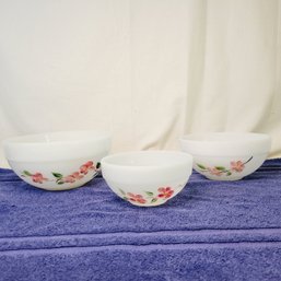 Vintage Anchor Hocking Fire King Nesting Bowls Hand Painted Peach Blossoms
