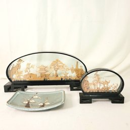 Vintage Hand-Carved Chinese Cork Dioramas In Glass Pane Display Cases With Asian Dish