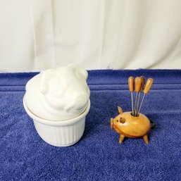 Pig Lidded Dish And Miniture Skewers