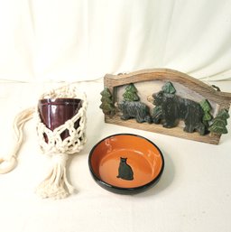 Small Macrame Plant Holder, 3d Bear Sign And Cat Dish