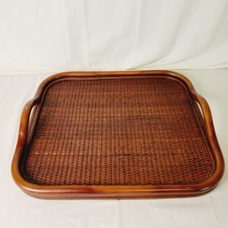 Late 20th Century Double Handled Brown Rattan Woven Bamboo Serving Tray