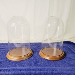 Set Of 2 Glass Cloches With Wood Base
