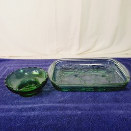 Etched Fruit Dish And Vintage Green Bowl