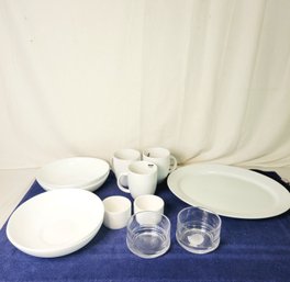 White Bowls, Mugs And Platter With Clear Bowls