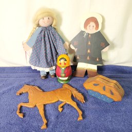 Wooden Dolls, Card Holder And Horse