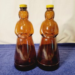 Set Of 2 Vintage Glass Aunt Jemima Syrup Bottles Screw Tops