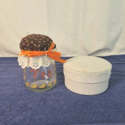 Cloth Jewelry Box And Homemade Tea Jar With Pin Cushion Top