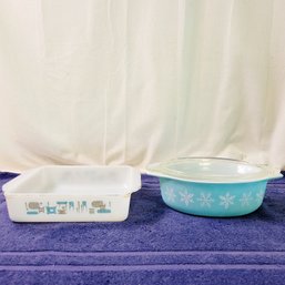 Vintage Pyrex Snowflake Dish With Lid & Blue Heaven Loaf Pan