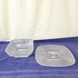 Vintage Square Pattern Glass Bowl And Plate