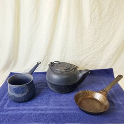 Vintage Tea Kettle, Enamel Pot And Savory Pan