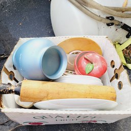 Box Of Dishes, Rolling Pin, Ceramic Apple Jar